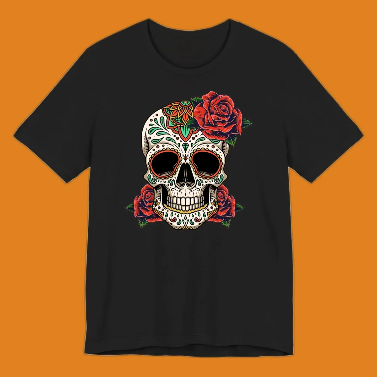 An intricately decorated calavera with red roses, featuring vibrant patterns in green, orange, and teal.