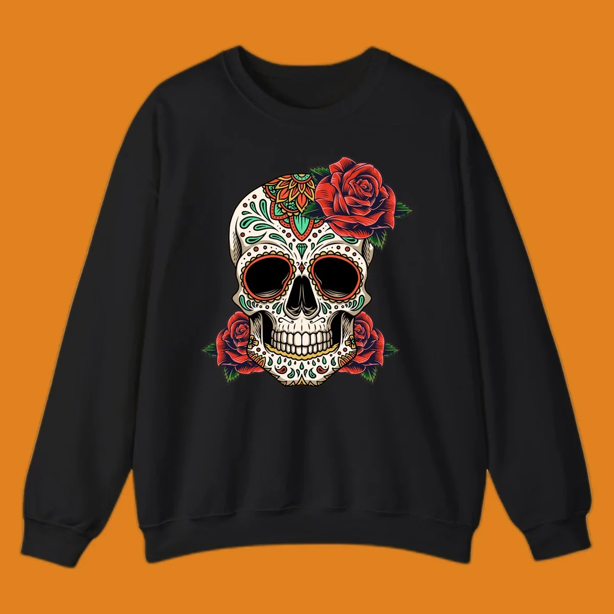 An intricately decorated calavera with red roses, featuring vibrant patterns in green, orange, and teal.
