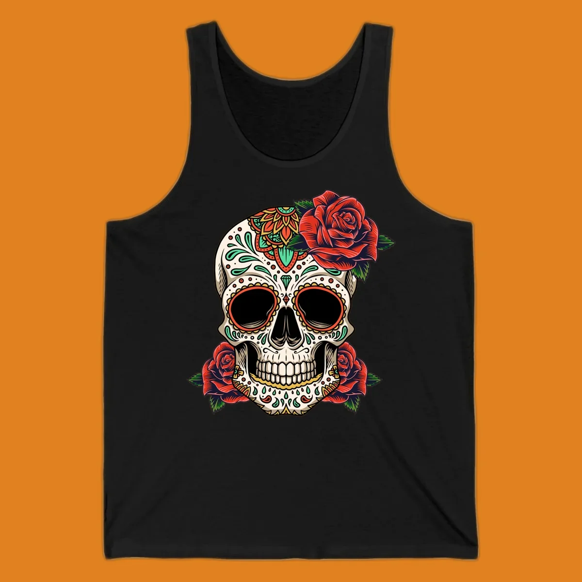 An intricately decorated calavera with red roses, featuring vibrant patterns in green, orange, and teal.