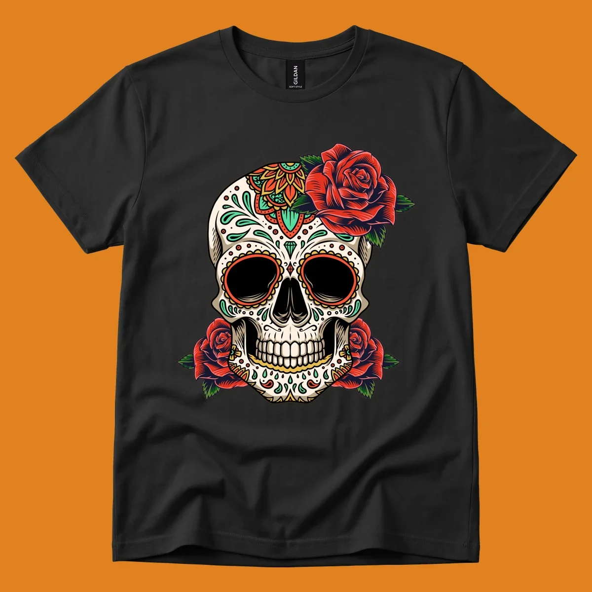 An intricately decorated calavera with red roses, featuring vibrant patterns in green, orange, and teal.