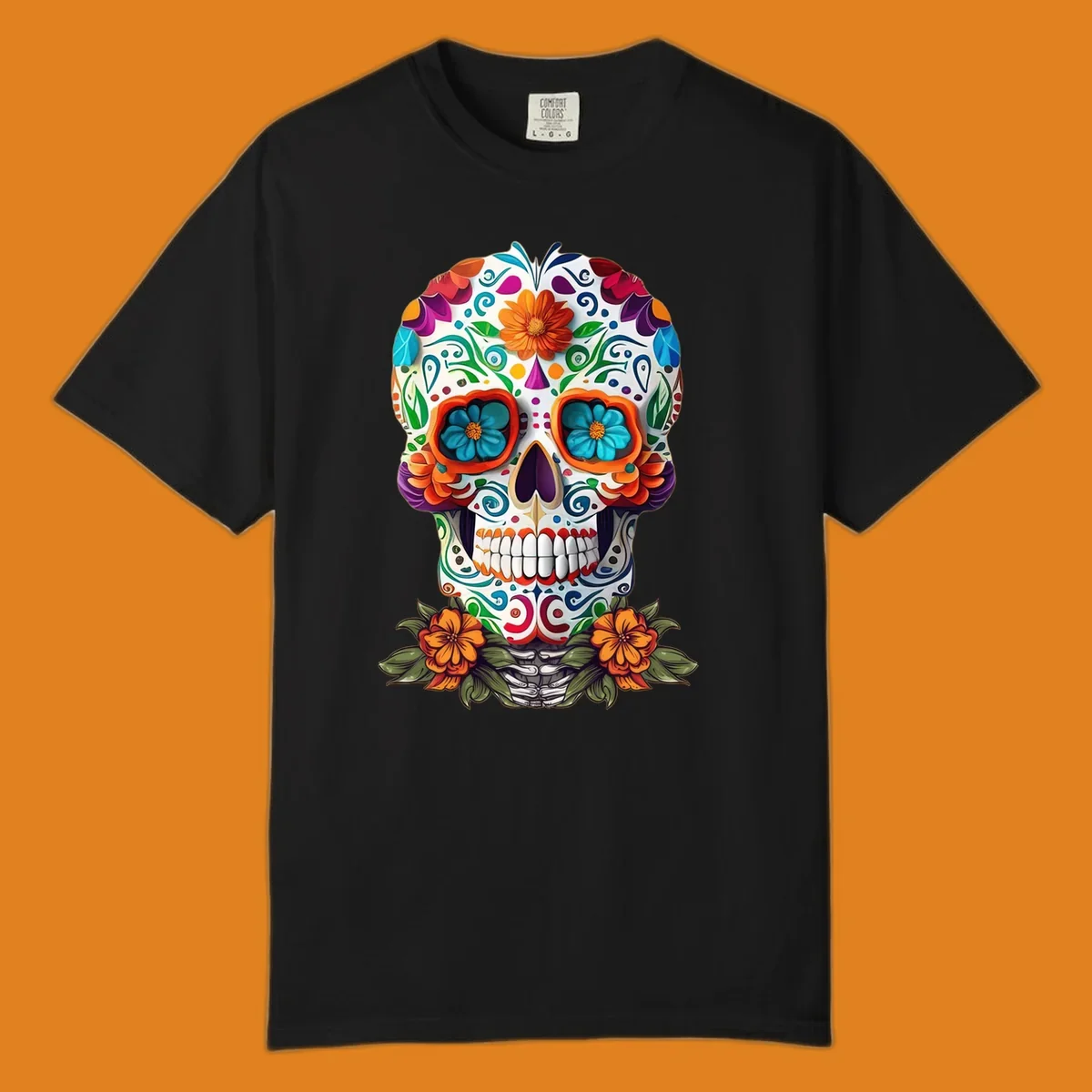 A vibrant floral calavera skull illustration with intricate patterns and colorful flowers, celebrating Day of the Dead.