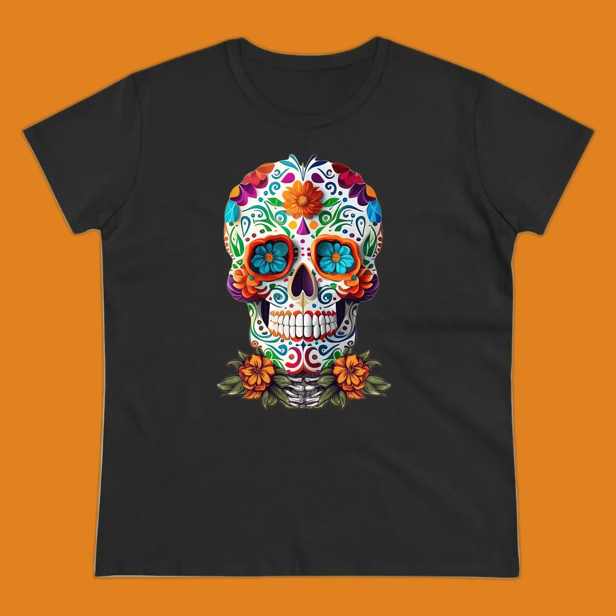 A vibrant floral calavera skull illustration with intricate patterns and colorful flowers, celebrating Day of the Dead.