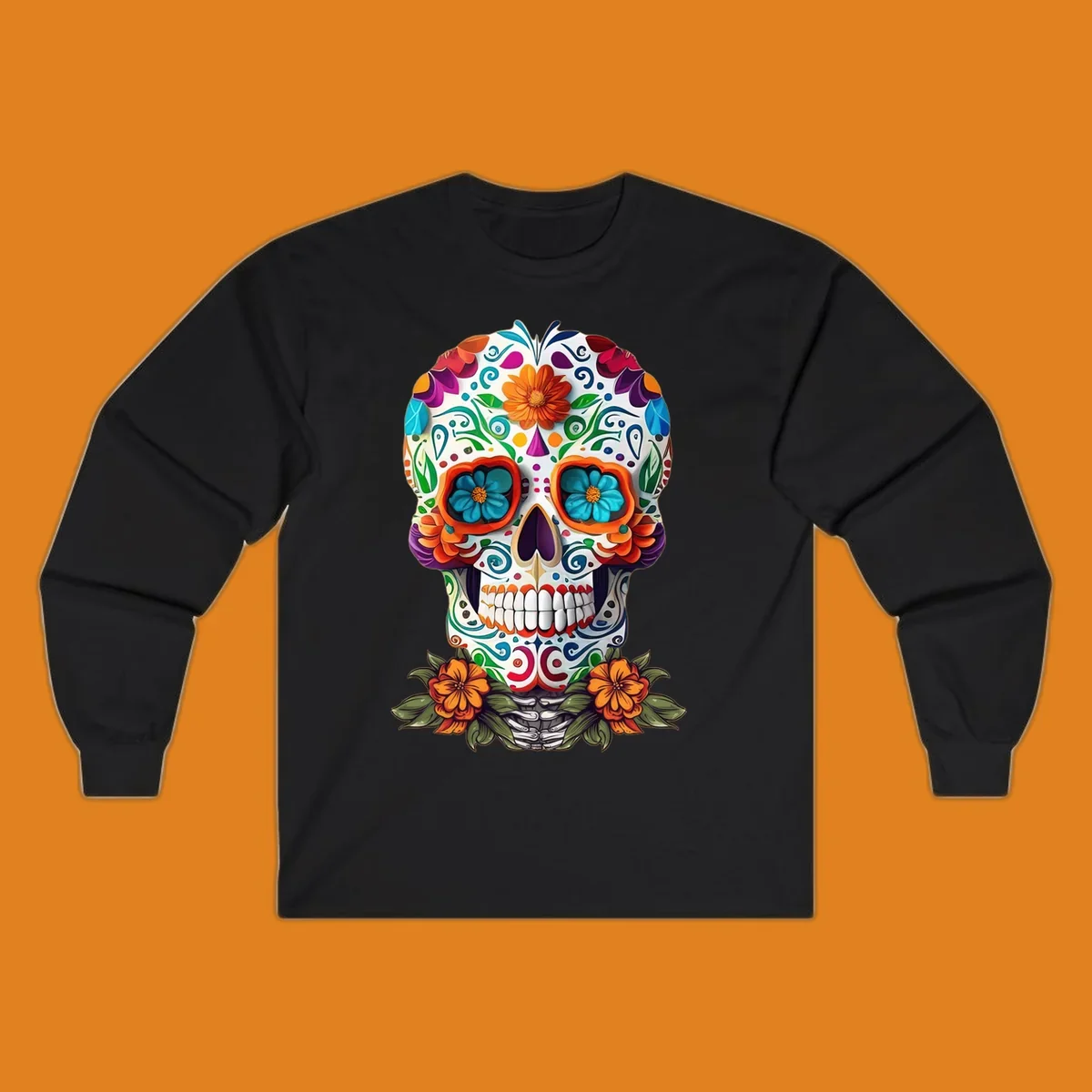 A vibrant floral calavera skull illustration with intricate patterns and colorful flowers, celebrating Day of the Dead.