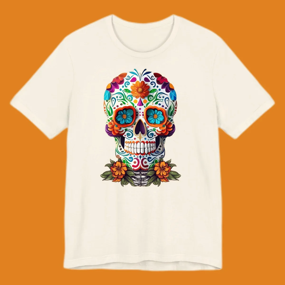A vibrant floral calavera skull illustration with intricate patterns and colorful flowers, celebrating Day of the Dead.