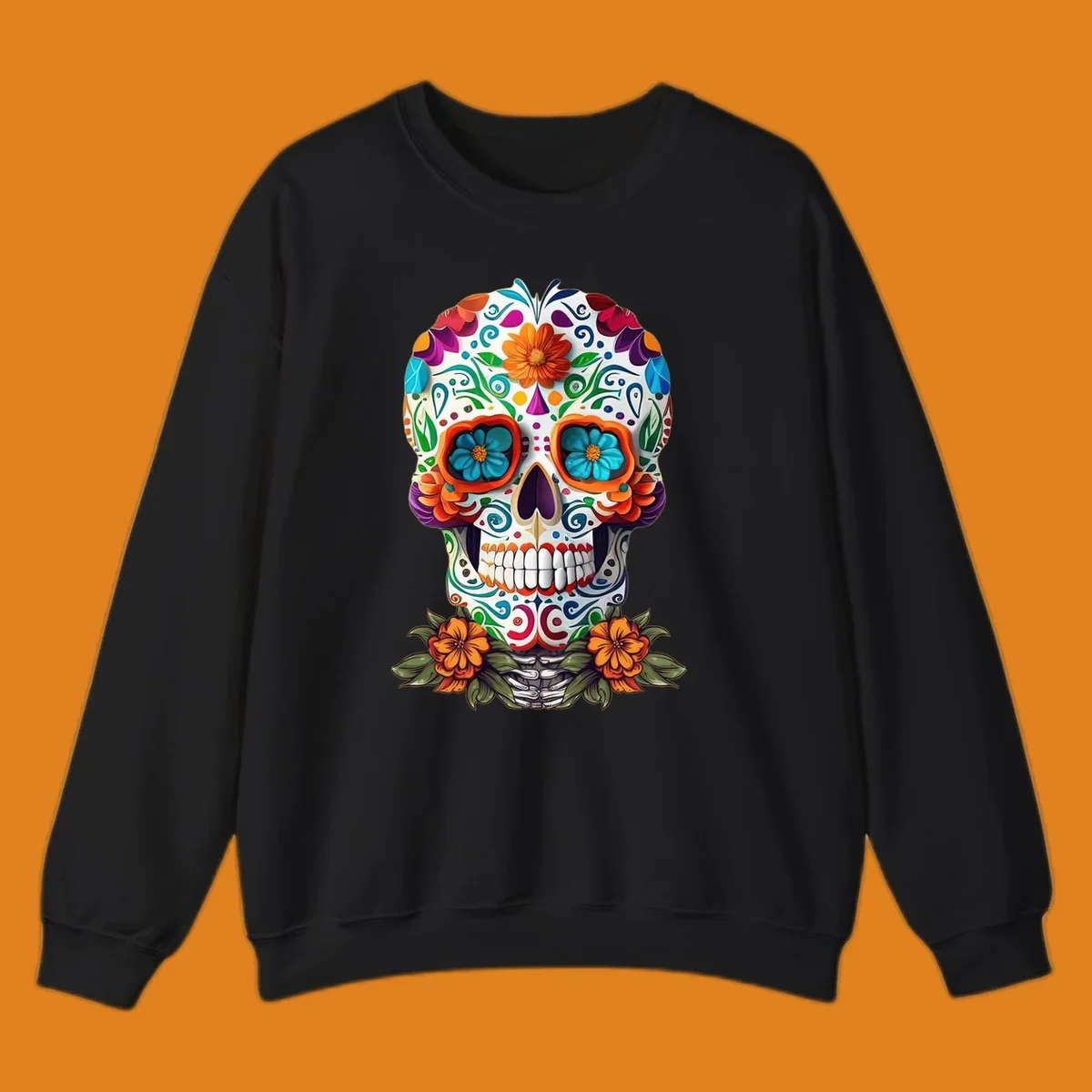 A vibrant floral calavera skull illustration with intricate patterns and colorful flowers, celebrating Day of the Dead.