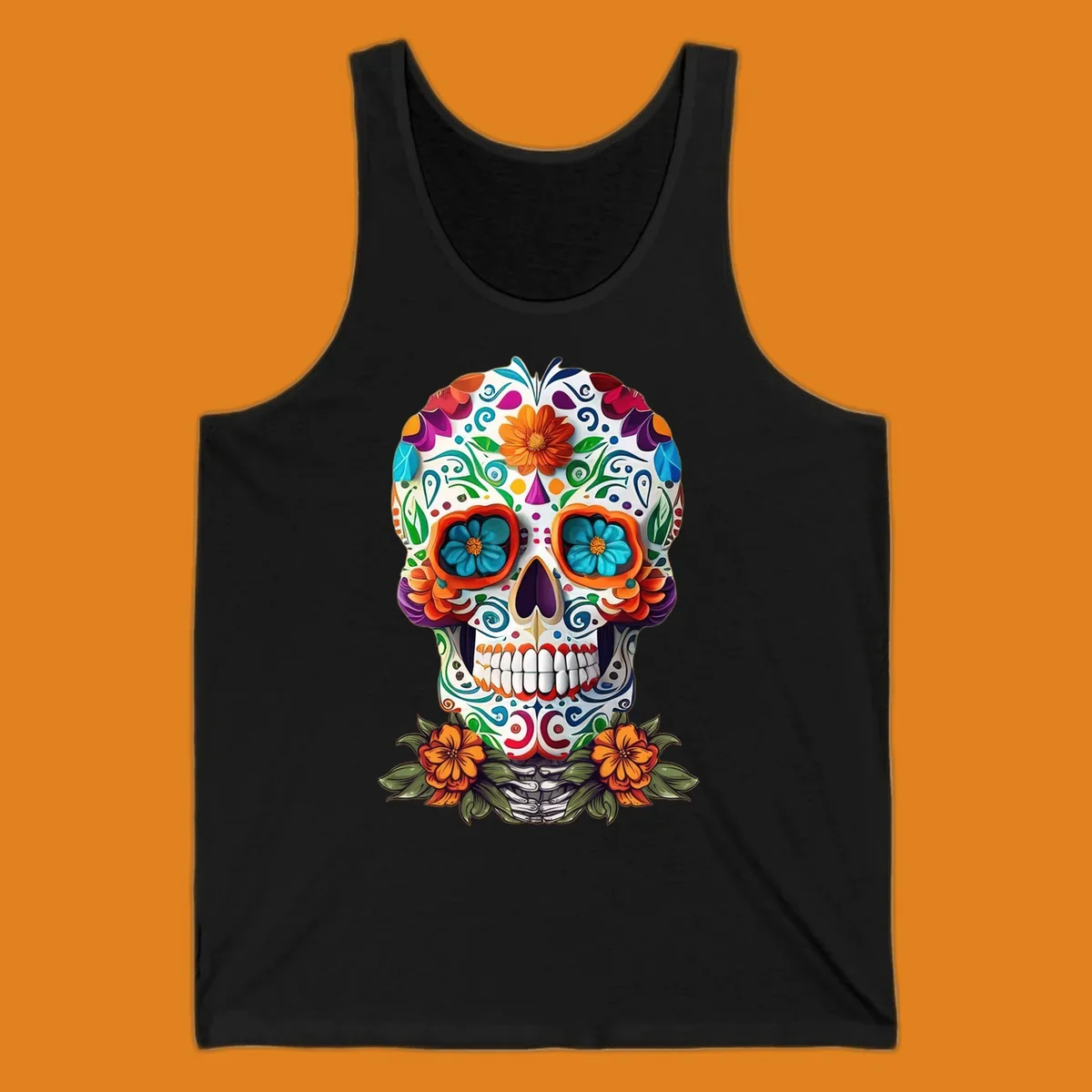 A vibrant floral calavera skull illustration with intricate patterns and colorful flowers, celebrating Day of the Dead.