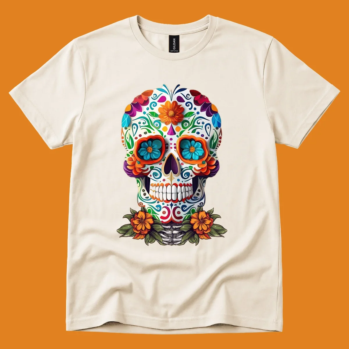 A vibrant floral calavera skull illustration with intricate patterns and colorful flowers, celebrating Day of the Dead.