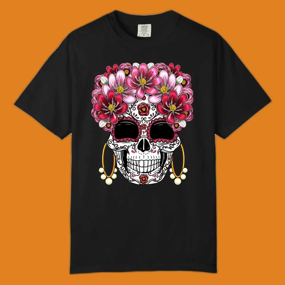 An ornate calavera (sugar skull) with a large, elaborate pink and fuchsia flower crown and golden pearl earrings. This calavera-flower-crown design features intricate scrollwork and rose details.