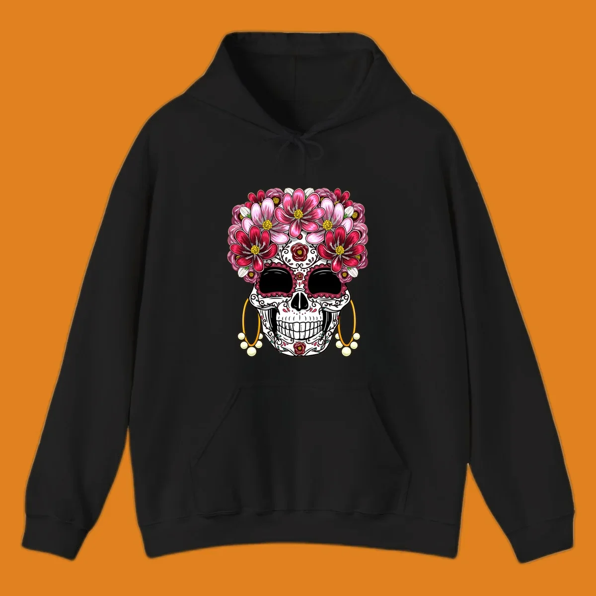 An ornate calavera (sugar skull) with a large, elaborate pink and fuchsia flower crown and golden pearl earrings. This calavera-flower-crown design features intricate scrollwork and rose details.