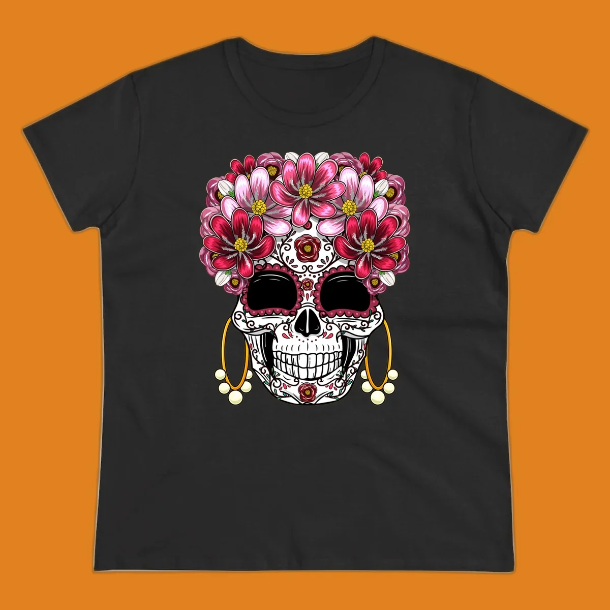 An ornate calavera (sugar skull) with a large, elaborate pink and fuchsia flower crown and golden pearl earrings. This calavera-flower-crown design features intricate scrollwork and rose details.