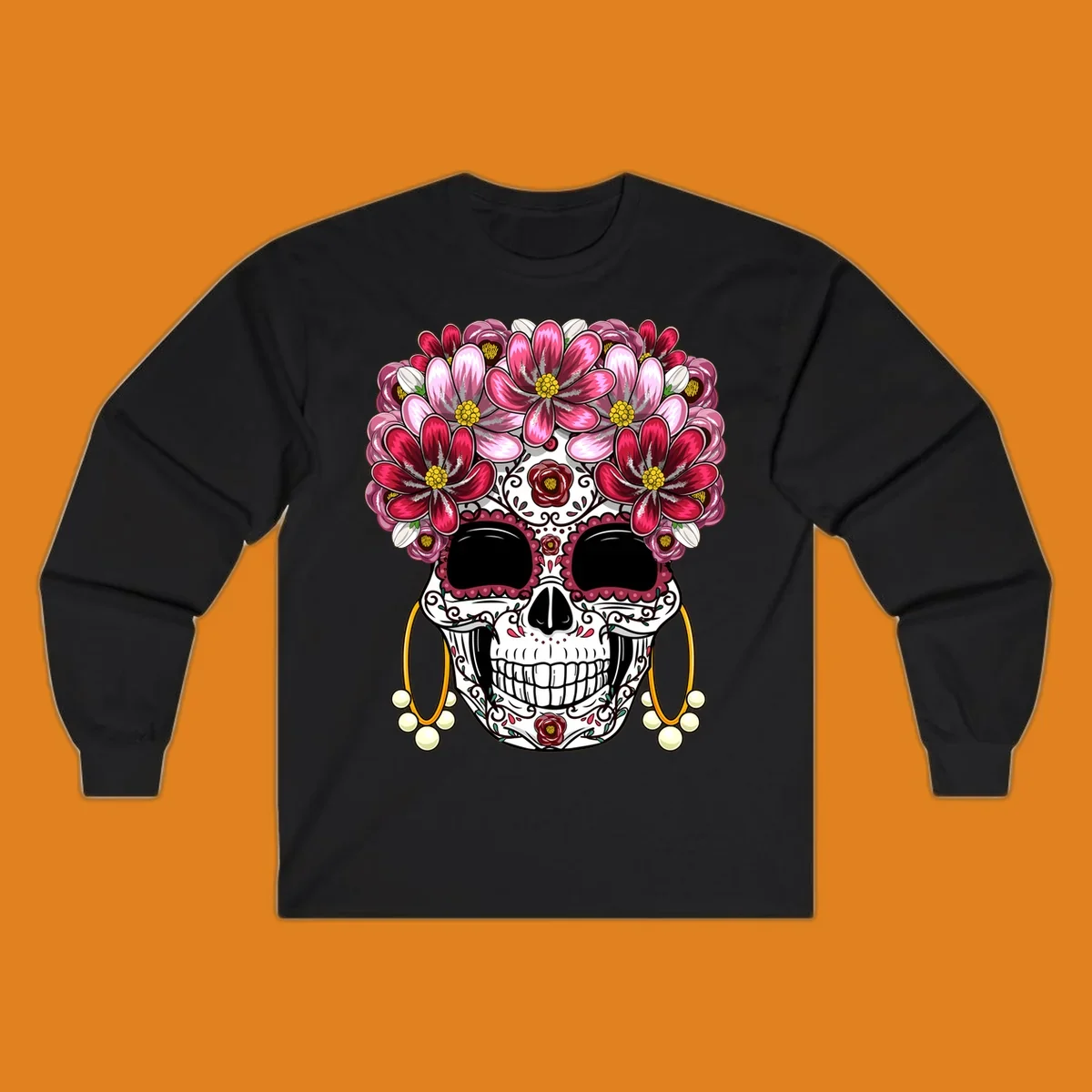 An ornate calavera (sugar skull) with a large, elaborate pink and fuchsia flower crown and golden pearl earrings. This calavera-flower-crown design features intricate scrollwork and rose details.