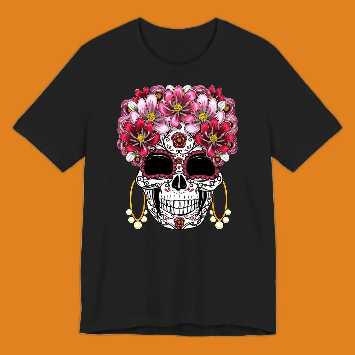 An ornate calavera (sugar skull) with a large, elaborate pink and fuchsia flower crown and golden pearl earrings. This calavera-flower-crown design features intricate scrollwork and rose details.