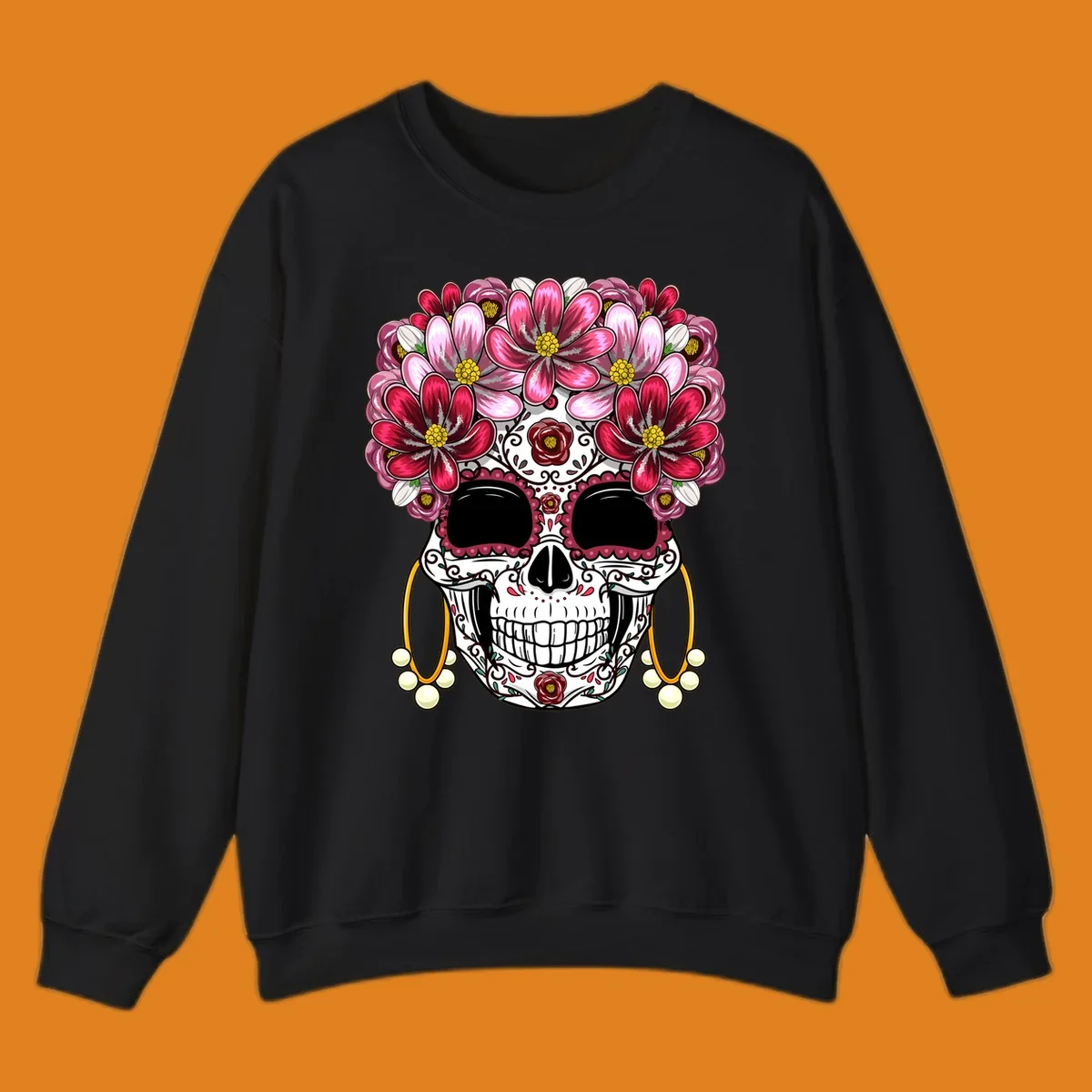 An ornate calavera (sugar skull) with a large, elaborate pink and fuchsia flower crown and golden pearl earrings. This calavera-flower-crown design features intricate scrollwork and rose details.