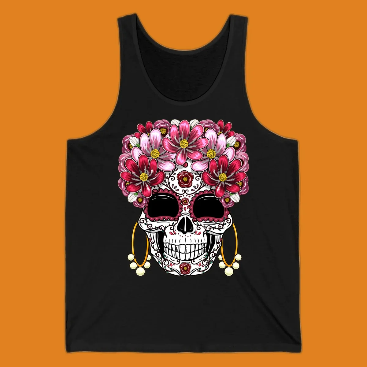 An ornate calavera (sugar skull) with a large, elaborate pink and fuchsia flower crown and golden pearl earrings. This calavera-flower-crown design features intricate scrollwork and rose details.