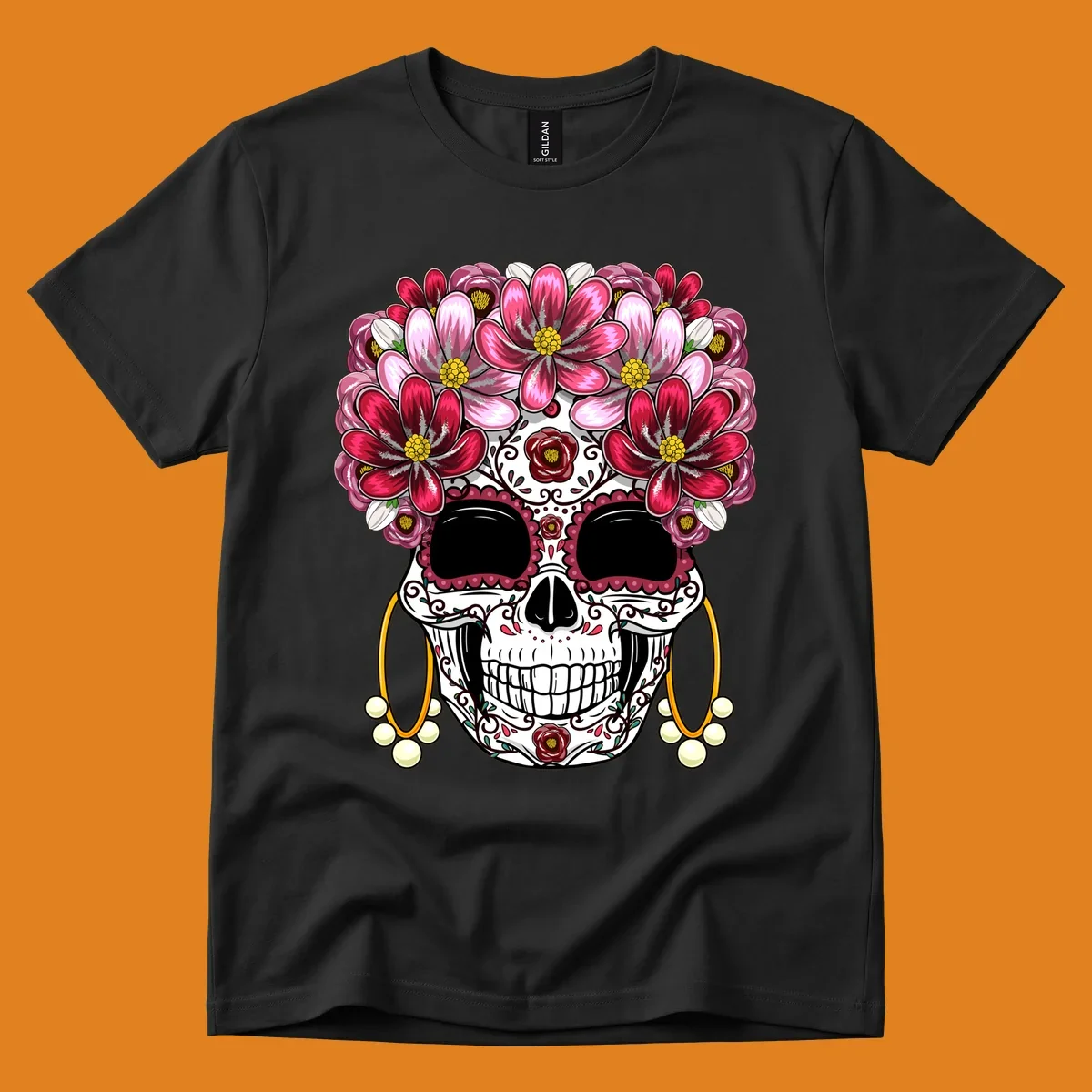 An ornate calavera (sugar skull) with a large, elaborate pink and fuchsia flower crown and golden pearl earrings. This calavera-flower-crown design features intricate scrollwork and rose details.