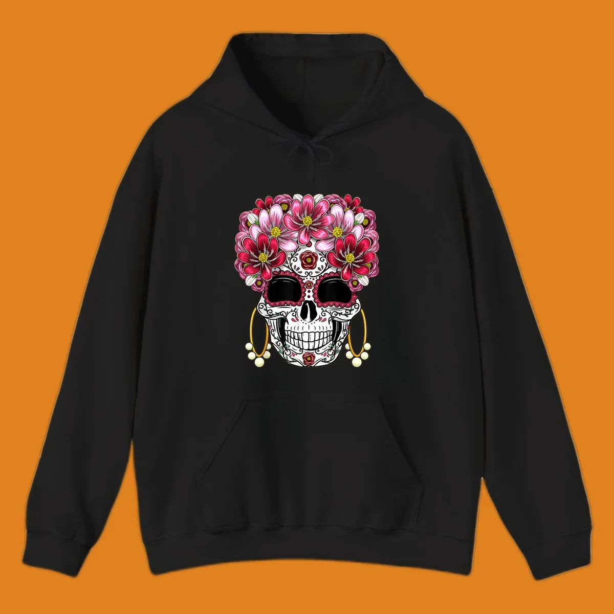 An ornate floral sugar skull with a crown of pink and red flowers, scrollwork, and pearl earrings on a black background.