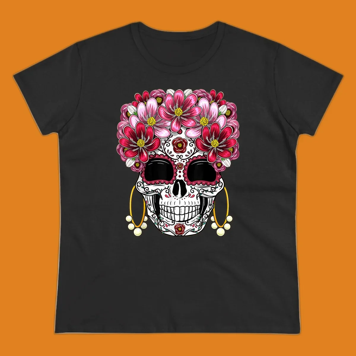 An ornate floral sugar skull with a crown of pink and red flowers, scrollwork, and pearl earrings on a black background.