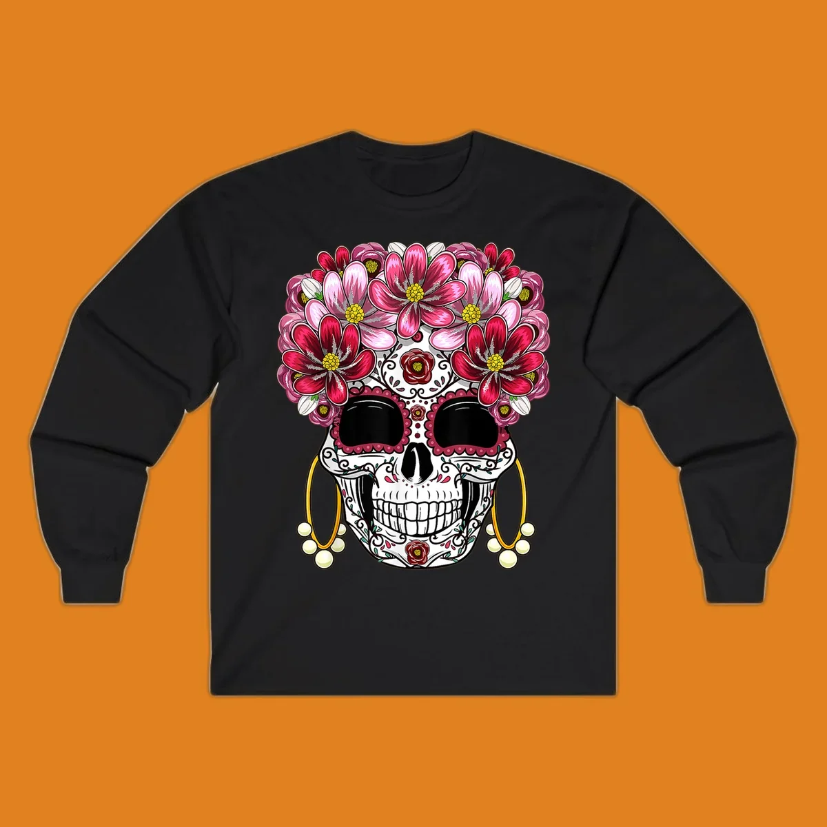 An ornate floral sugar skull with a crown of pink and red flowers, scrollwork, and pearl earrings on a black background.