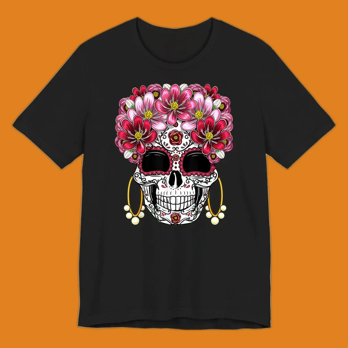 An ornate floral sugar skull with a crown of pink and red flowers, scrollwork, and pearl earrings on a black background.