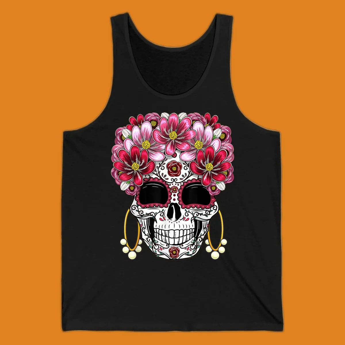 An ornate floral sugar skull with a crown of pink and red flowers, scrollwork, and pearl earrings on a black background.