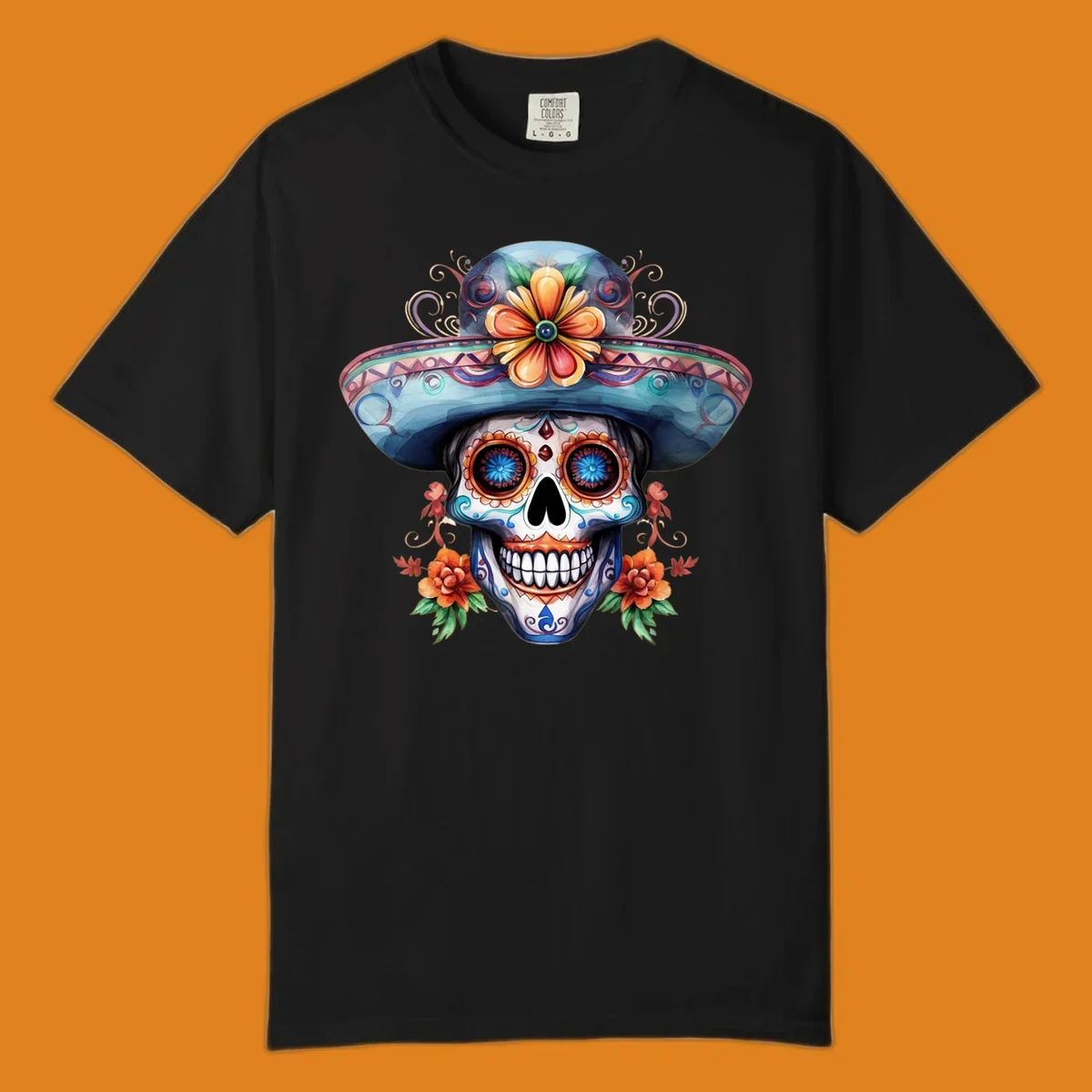 A vibrant sugar skull sombrero illustration with colorful floral patterns and decorative swirls, embodying Day of the Dead art.