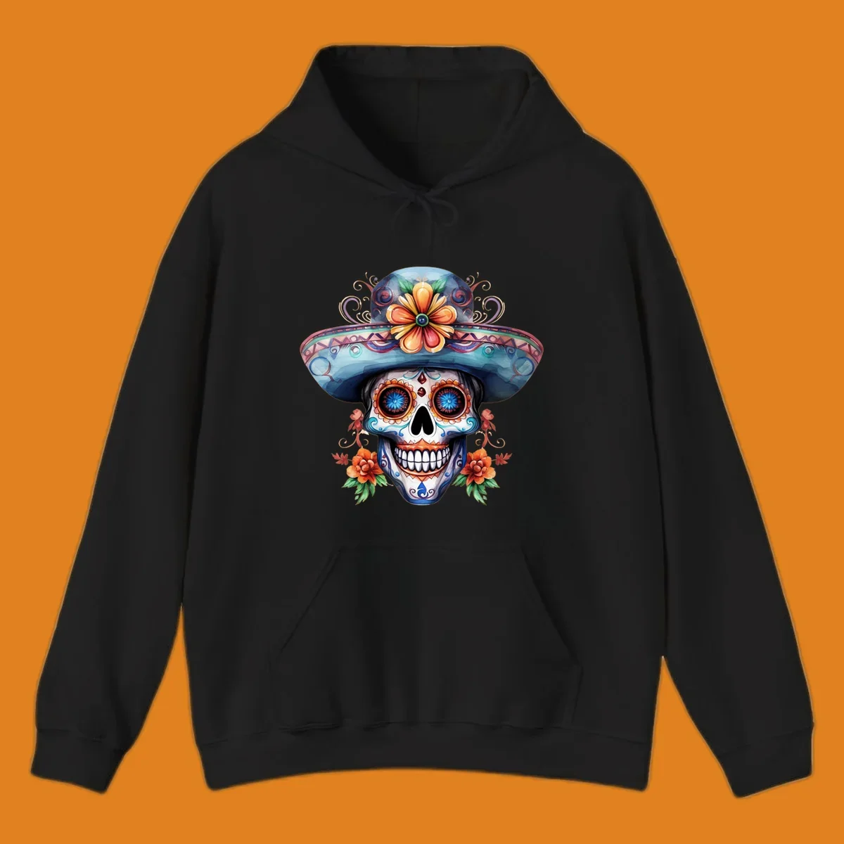 A vibrant sugar skull sombrero illustration with colorful floral patterns and decorative swirls, embodying Day of the Dead art.