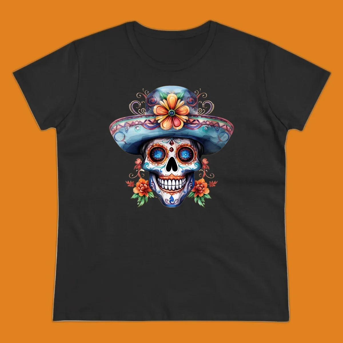 A vibrant sugar skull sombrero illustration with colorful floral patterns and decorative swirls, embodying Day of the Dead art.