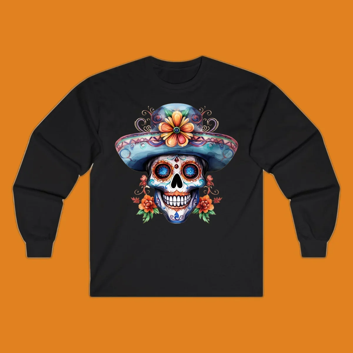 A vibrant sugar skull sombrero illustration with colorful floral patterns and decorative swirls, embodying Day of the Dead art.