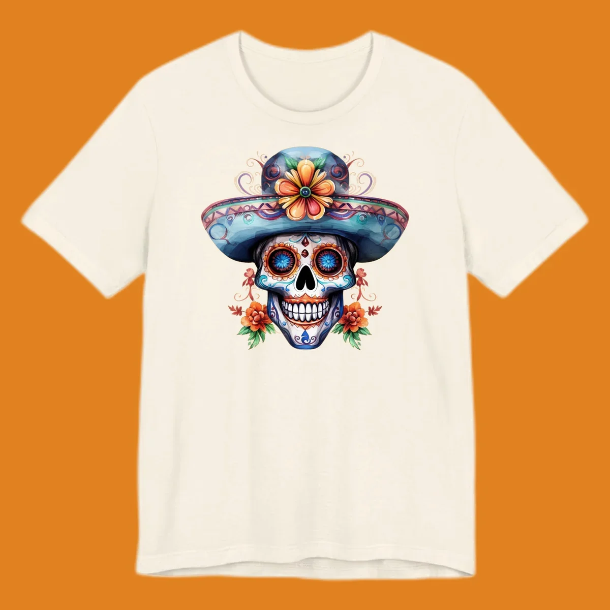 A vibrant sugar skull sombrero illustration with colorful floral patterns and decorative swirls, embodying Day of the Dead art.