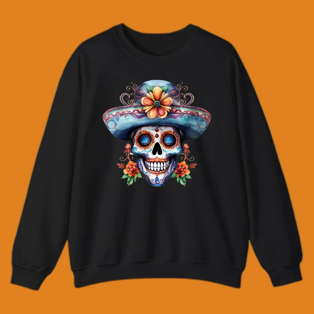 A vibrant sugar skull sombrero illustration with colorful floral patterns and decorative swirls, embodying Day of the Dead art.