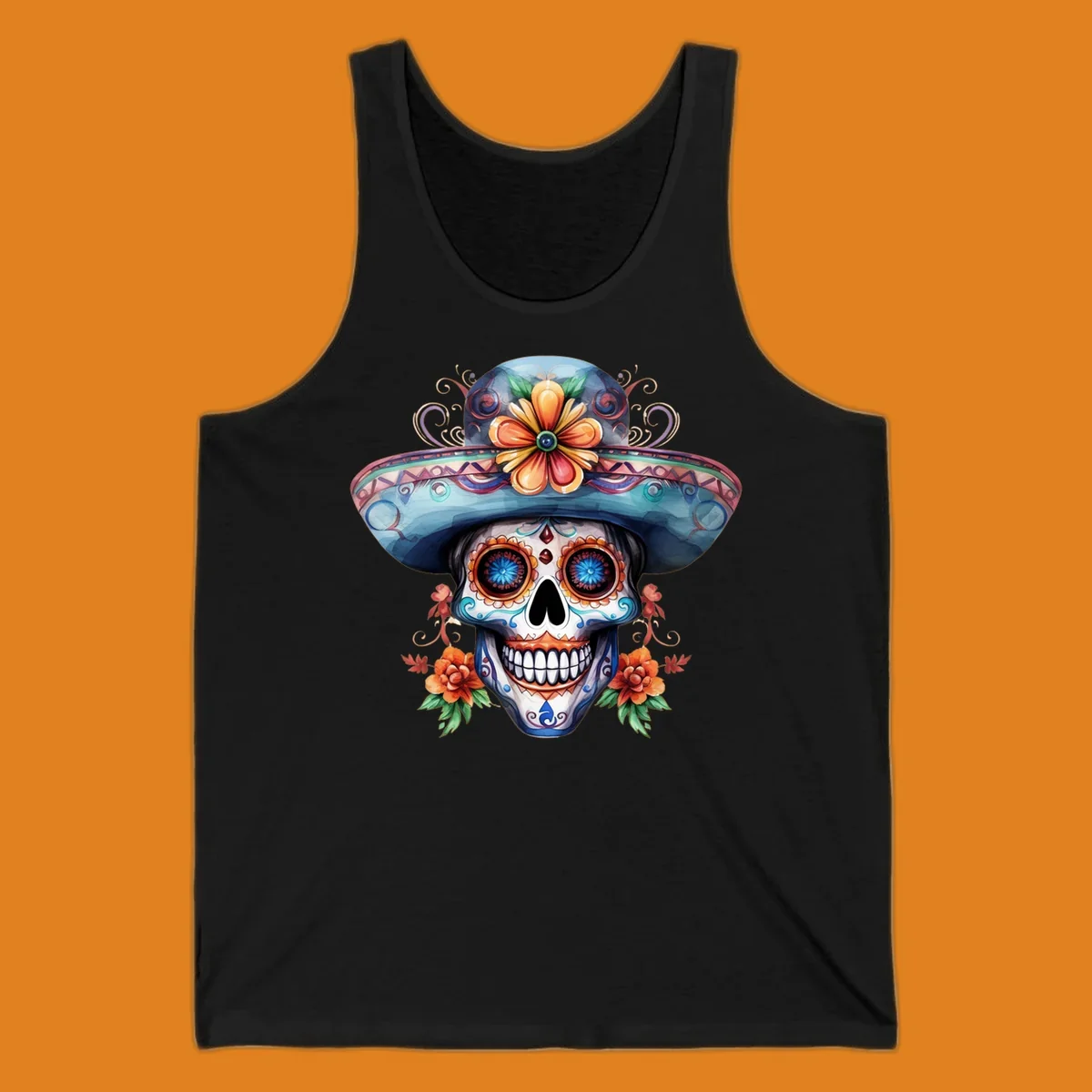 A vibrant sugar skull sombrero illustration with colorful floral patterns and decorative swirls, embodying Day of the Dead art.