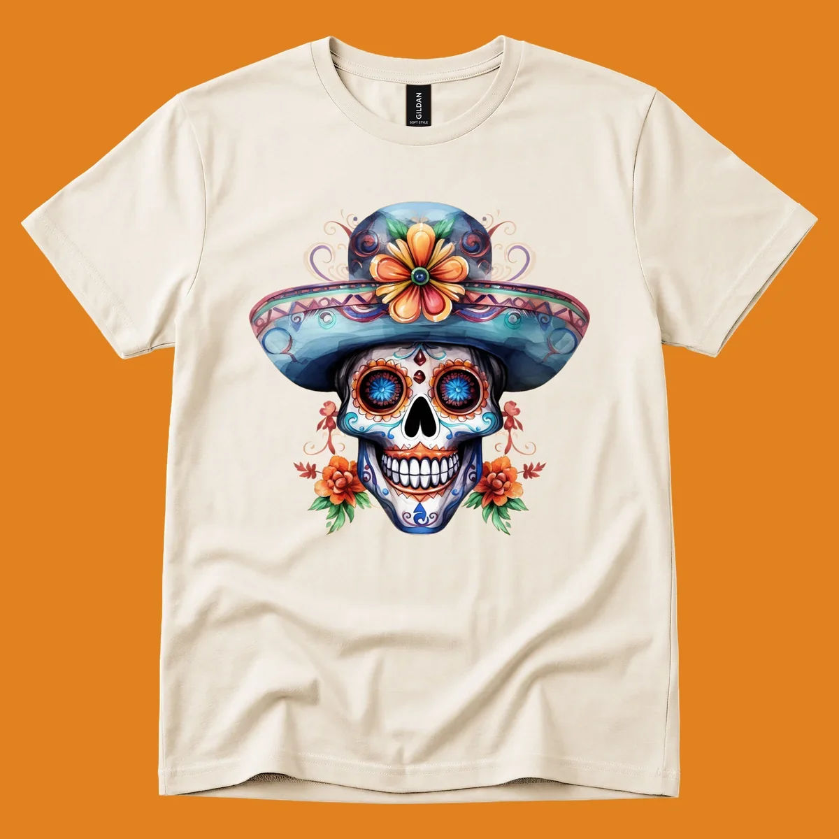 A vibrant sugar skull sombrero illustration with colorful floral patterns and decorative swirls, embodying Day of the Dead art.