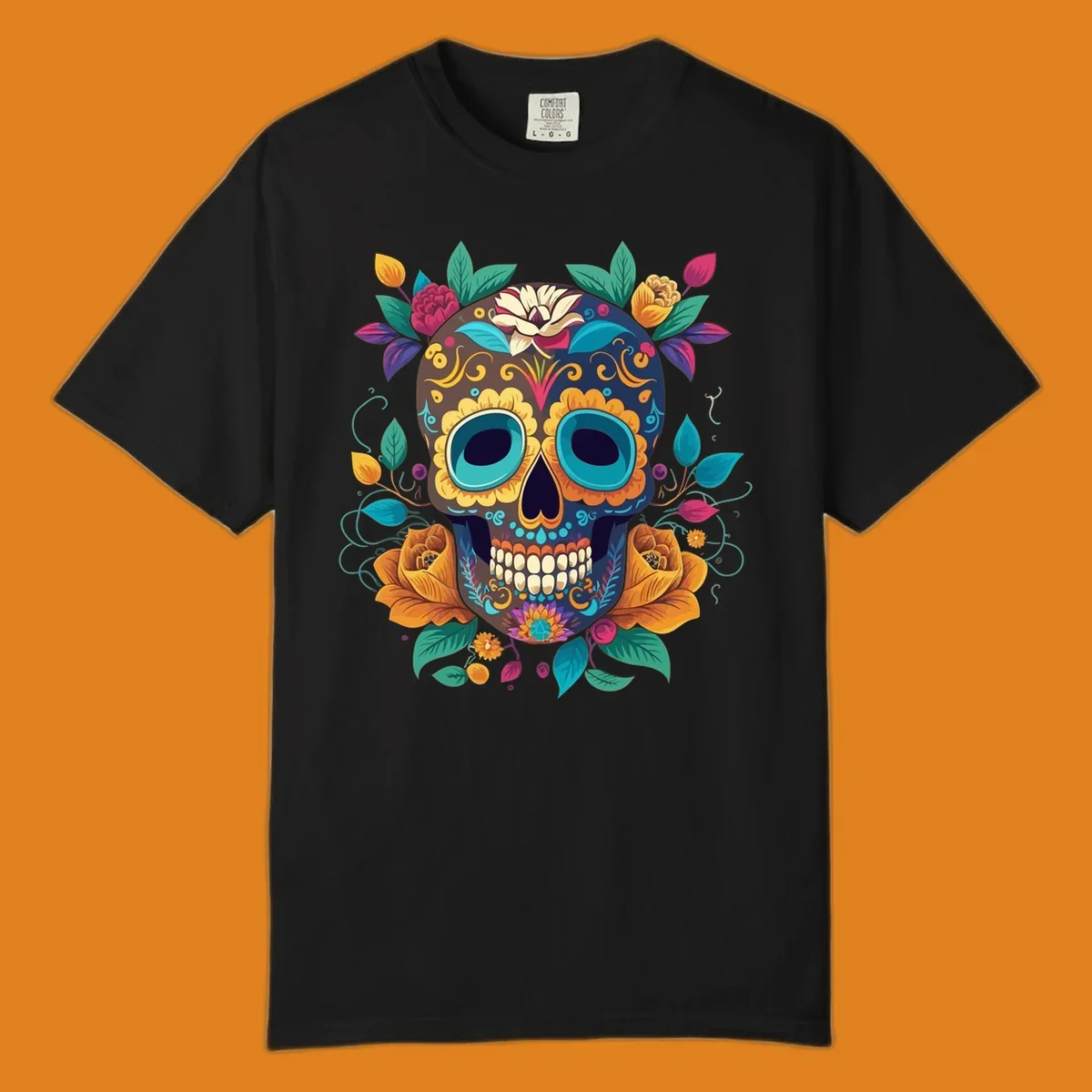 A vibrant floral sugar skull, or calavera, adorned with yellow, orange, pink, blue, and green flowers and swirls.