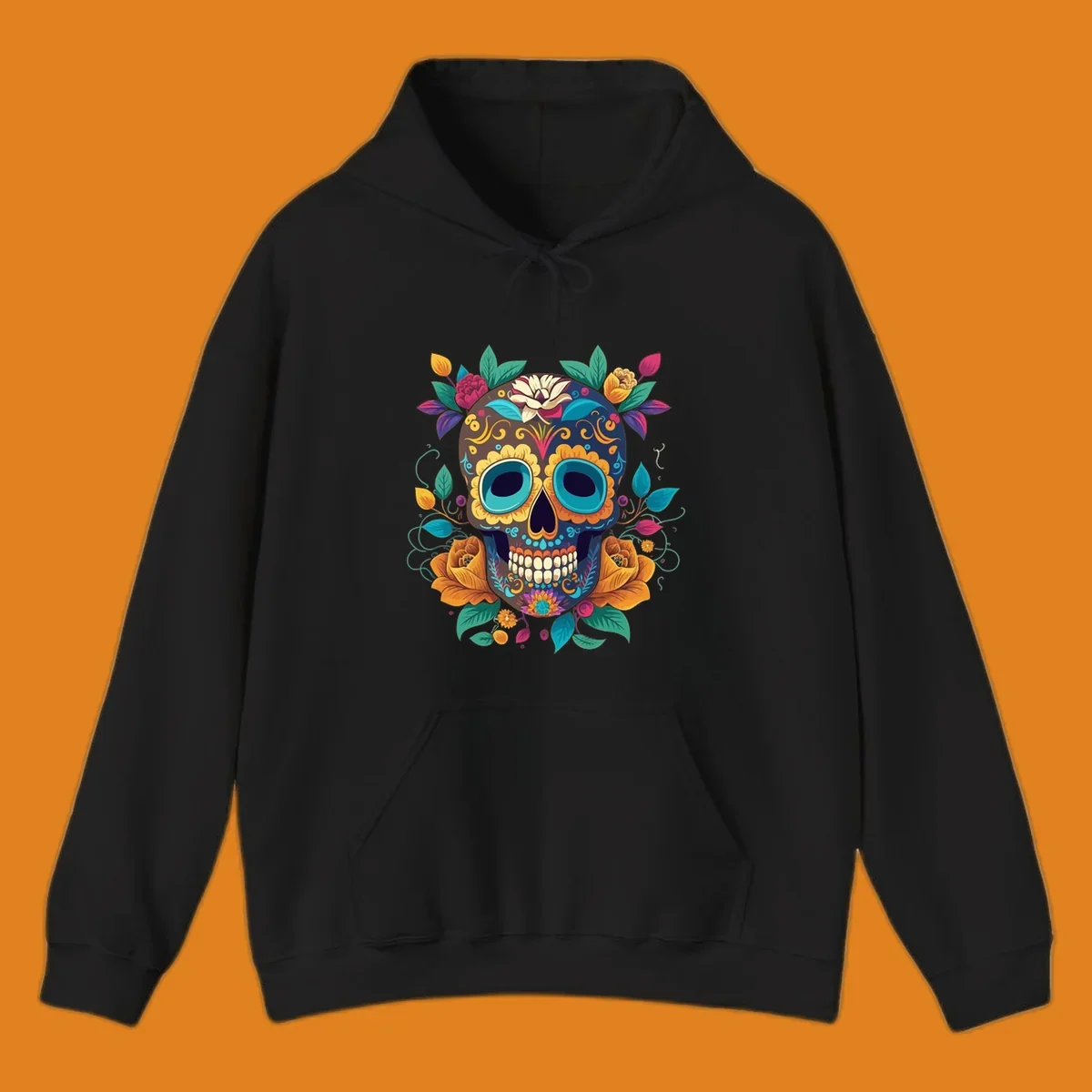 A vibrant floral sugar skull, or calavera, adorned with yellow, orange, pink, blue, and green flowers and swirls.