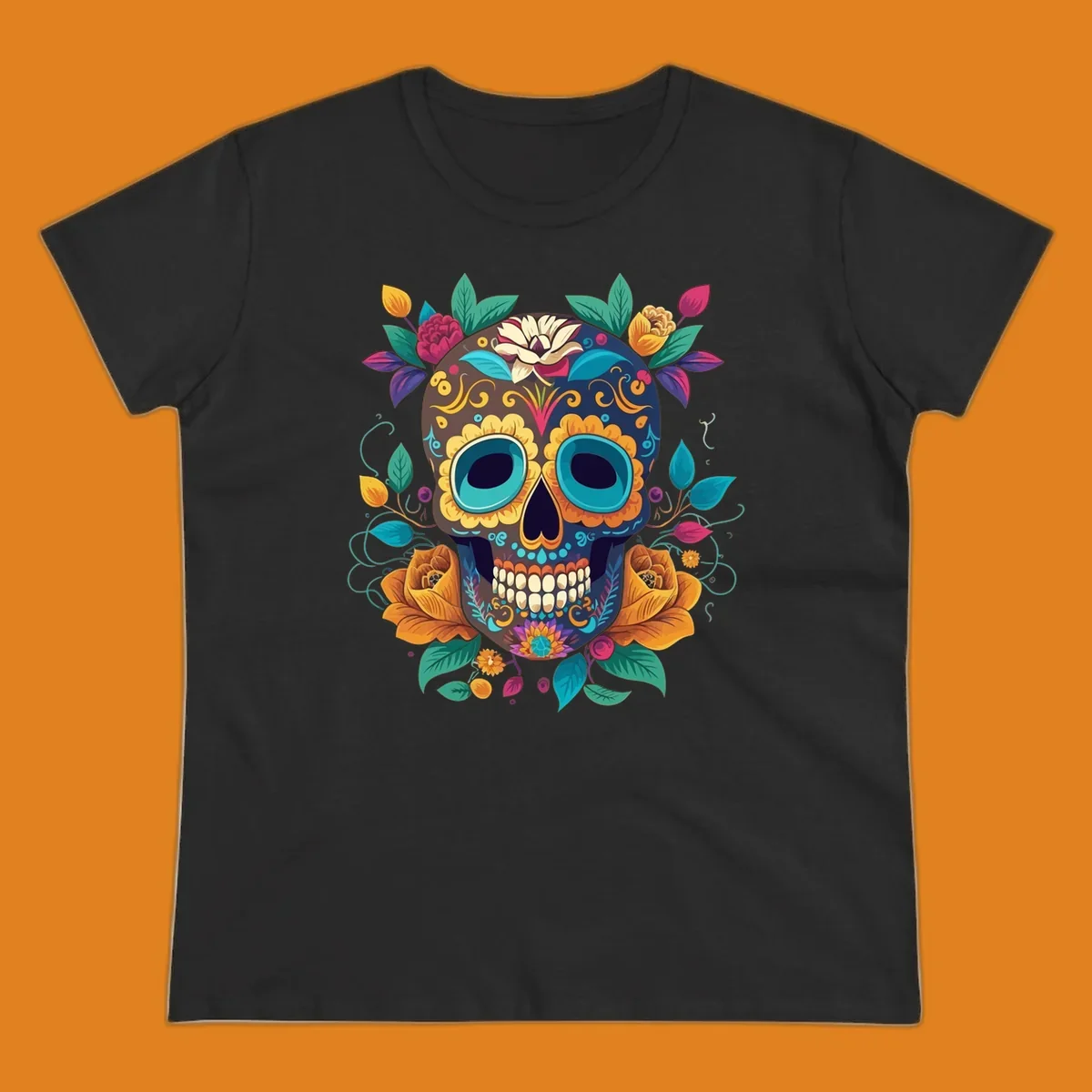 A vibrant floral sugar skull, or calavera, adorned with yellow, orange, pink, blue, and green flowers and swirls.