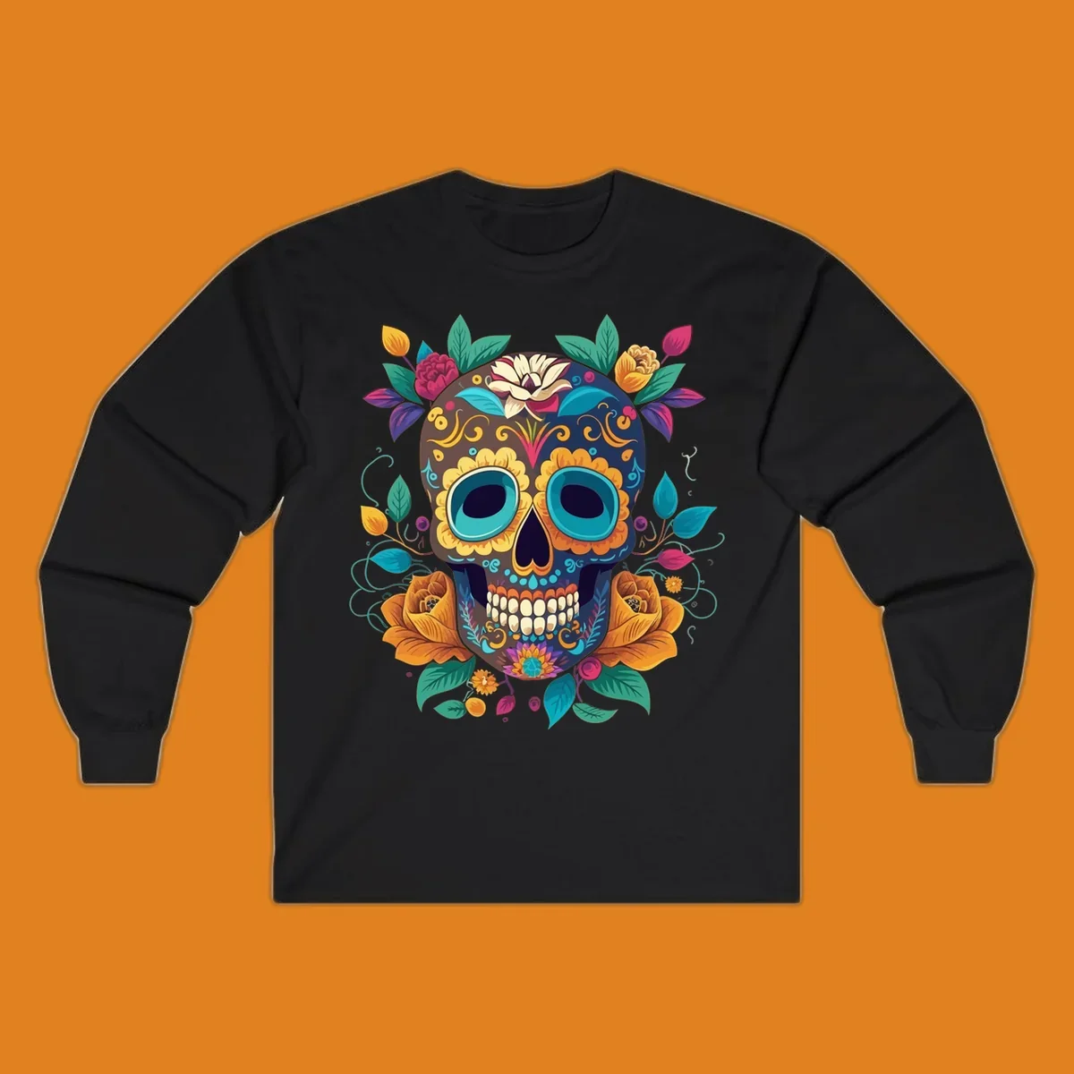 A vibrant floral sugar skull, or calavera, adorned with yellow, orange, pink, blue, and green flowers and swirls.