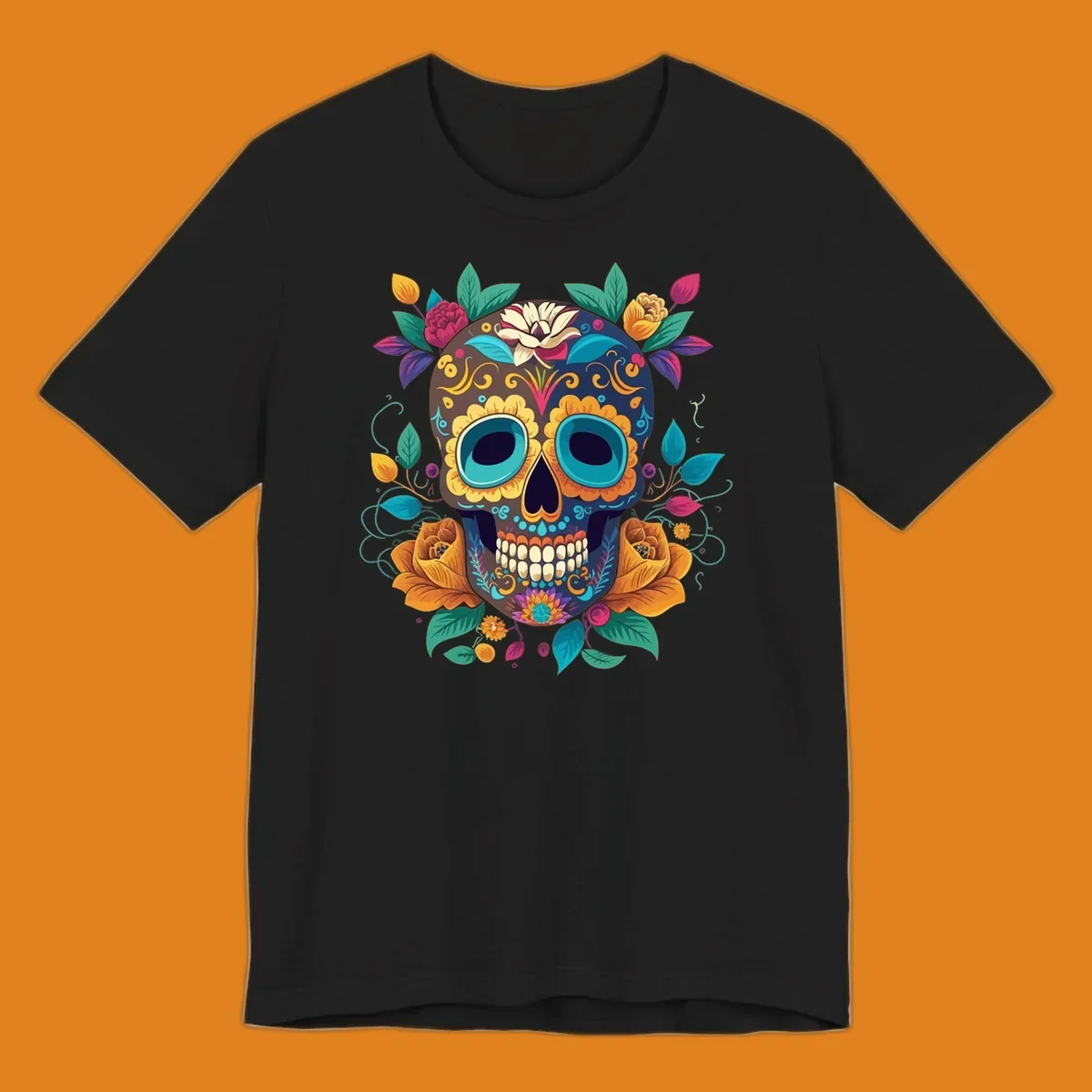 A vibrant floral sugar skull, or calavera, adorned with yellow, orange, pink, blue, and green flowers and swirls.