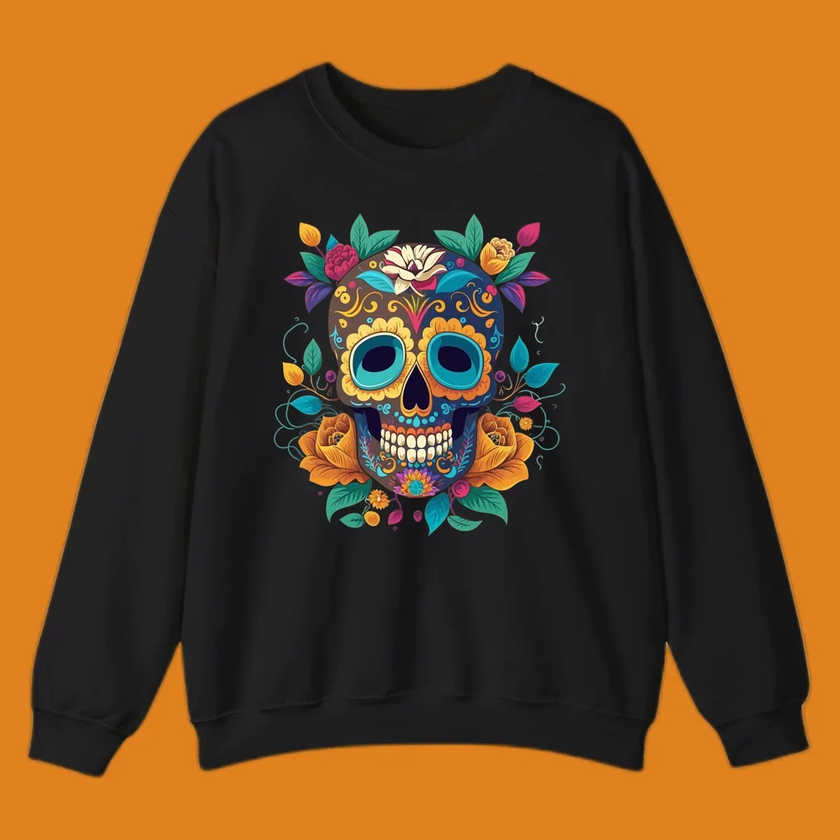 A vibrant floral sugar skull, or calavera, adorned with yellow, orange, pink, blue, and green flowers and swirls.