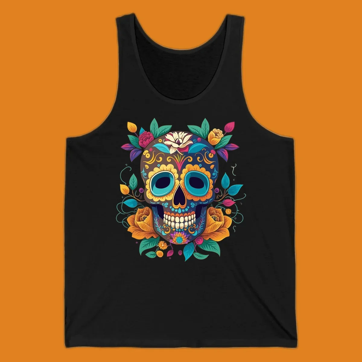 A vibrant floral sugar skull, or calavera, adorned with yellow, orange, pink, blue, and green flowers and swirls.