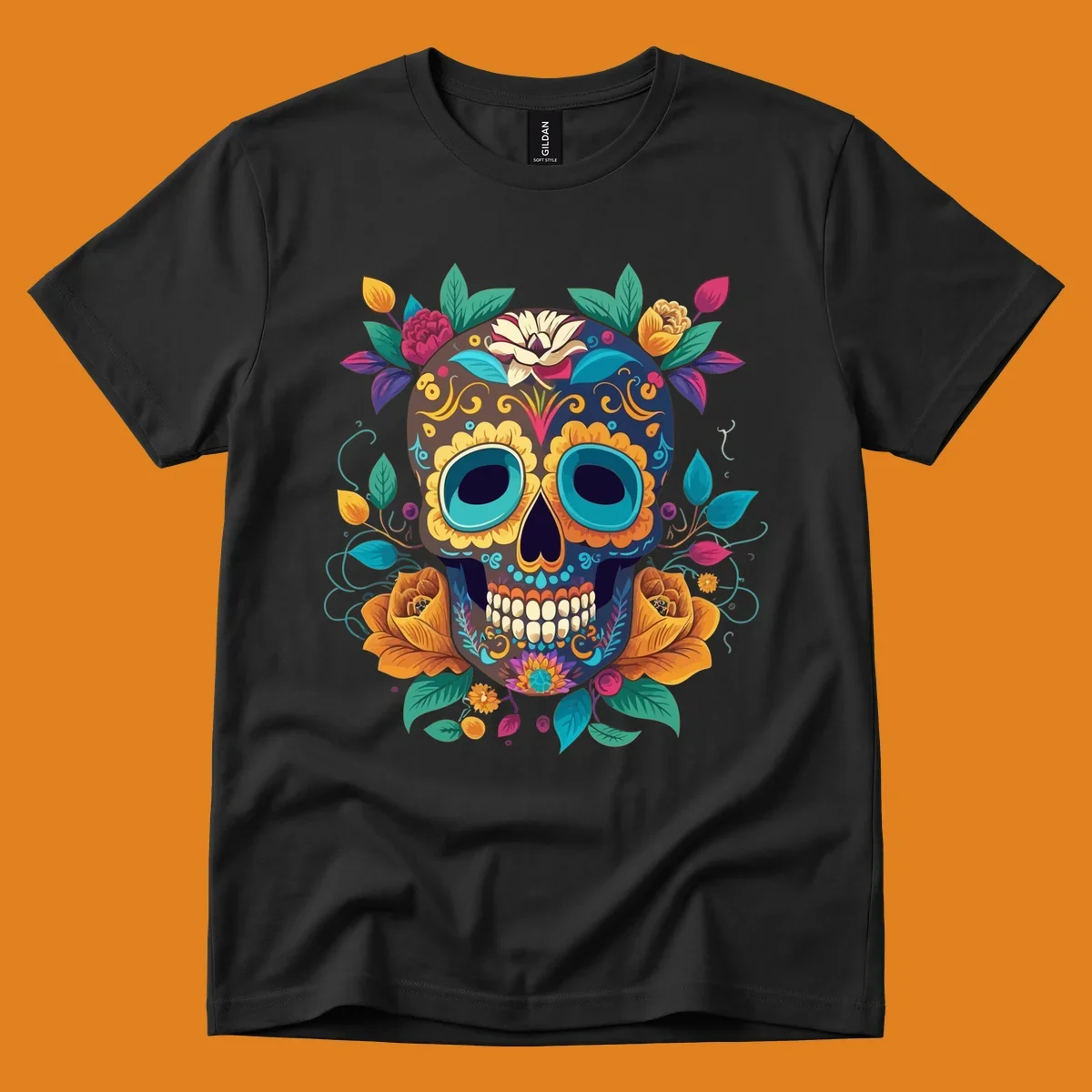 A vibrant floral sugar skull, or calavera, adorned with yellow, orange, pink, blue, and green flowers and swirls.