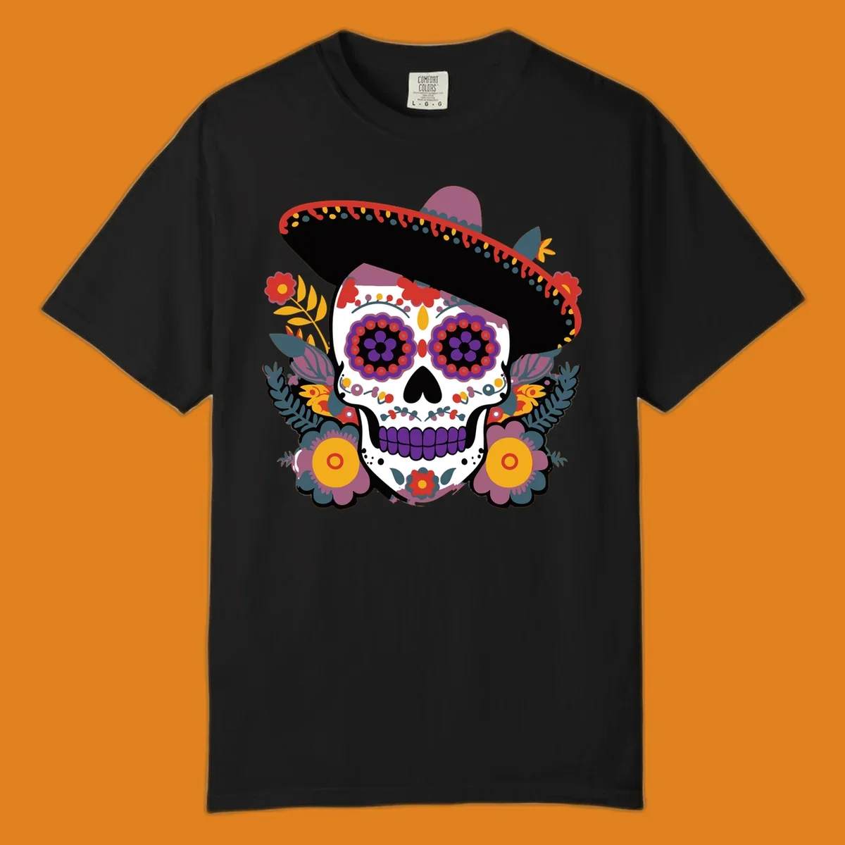 A vibrant calavera with a sombrero, adorned with colorful marigolds and traditional Mexican folk art patterns.