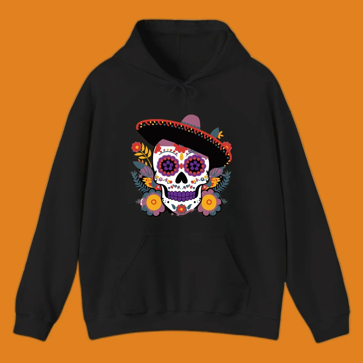 A vibrant calavera with a sombrero, adorned with colorful marigolds and traditional Mexican folk art patterns.