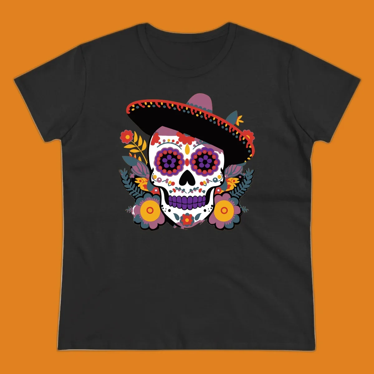 A vibrant calavera with a sombrero, adorned with colorful marigolds and traditional Mexican folk art patterns.