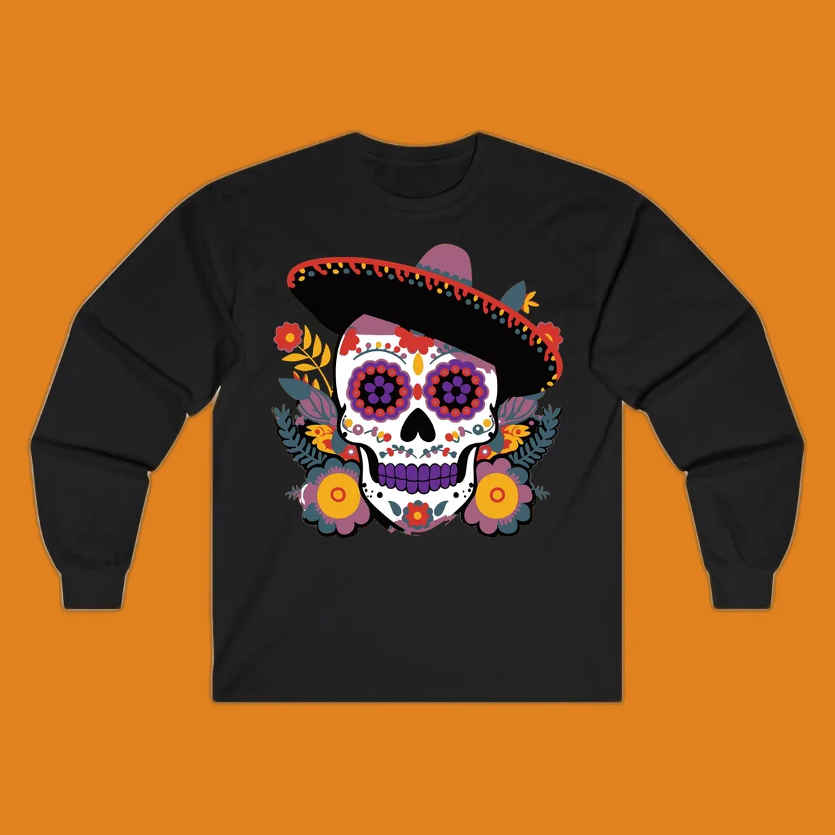 A vibrant calavera with a sombrero, adorned with colorful marigolds and traditional Mexican folk art patterns.