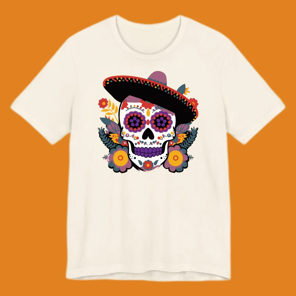 A vibrant calavera with a sombrero, adorned with colorful marigolds and traditional Mexican folk art patterns.
