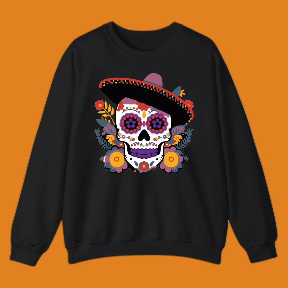 A vibrant calavera with a sombrero, adorned with colorful marigolds and traditional Mexican folk art patterns.
