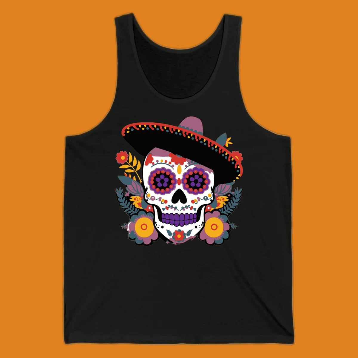 A vibrant calavera with a sombrero, adorned with colorful marigolds and traditional Mexican folk art patterns.