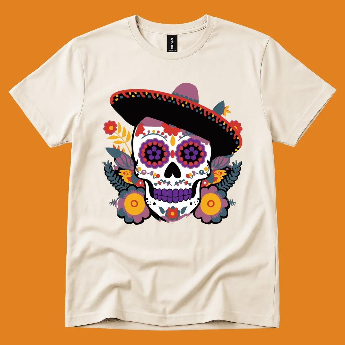 A vibrant calavera with a sombrero, adorned with colorful marigolds and traditional Mexican folk art patterns.
