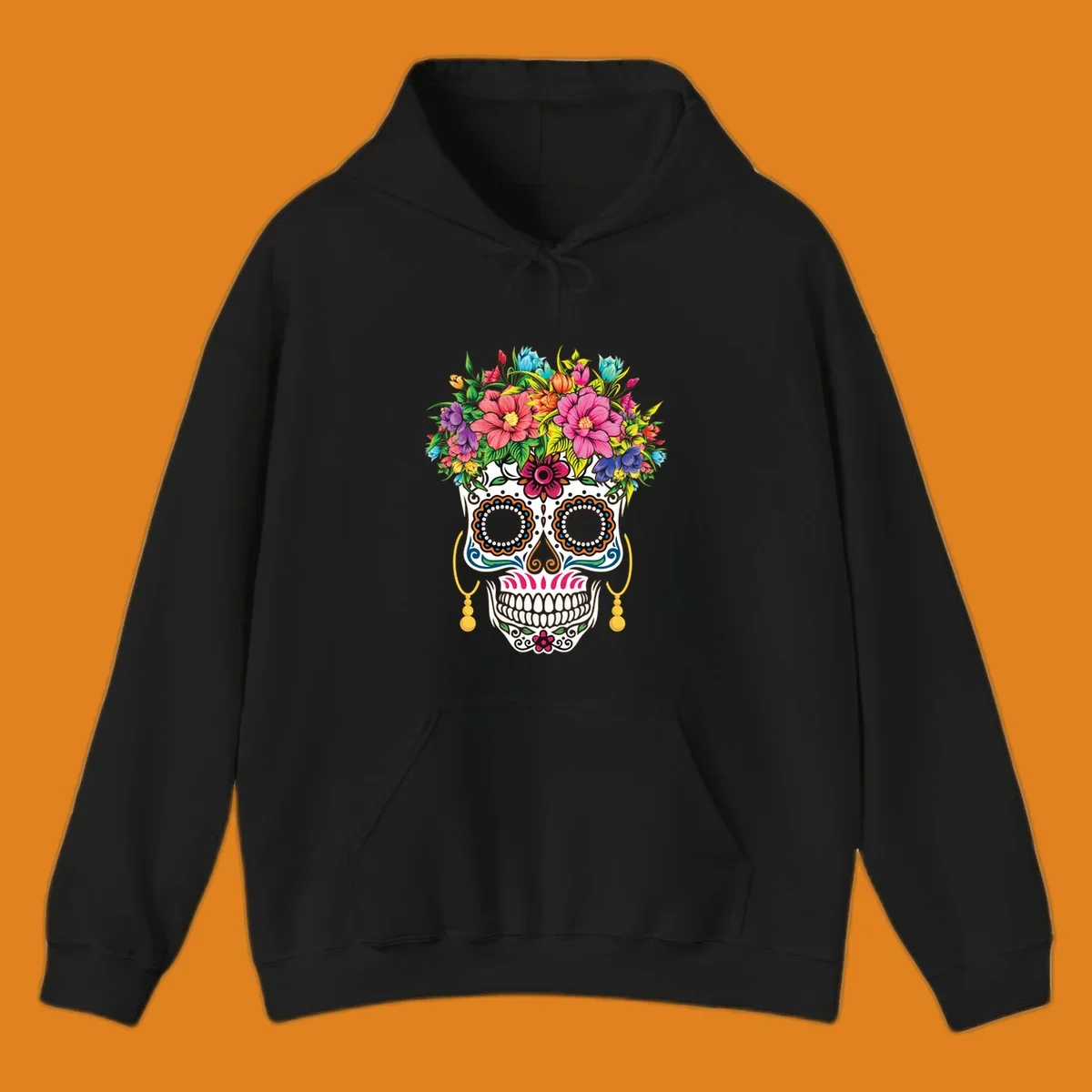 A vibrant floral calavera skull with a large, colorful flower crown and decorative patterns, featuring gold earrings.