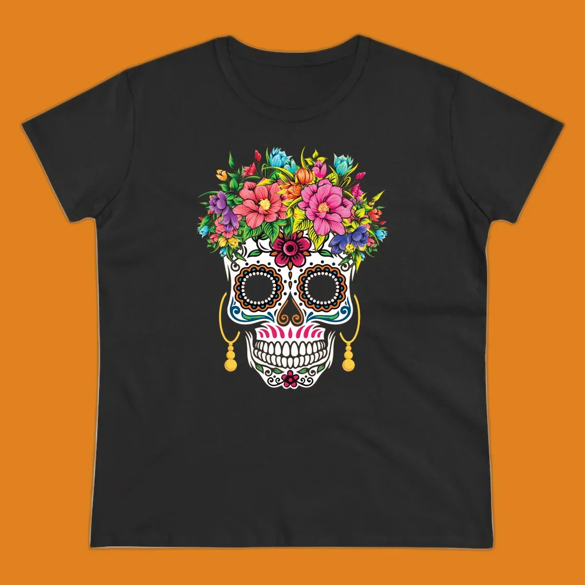 A vibrant floral calavera skull with a large, colorful flower crown and decorative patterns, featuring gold earrings.